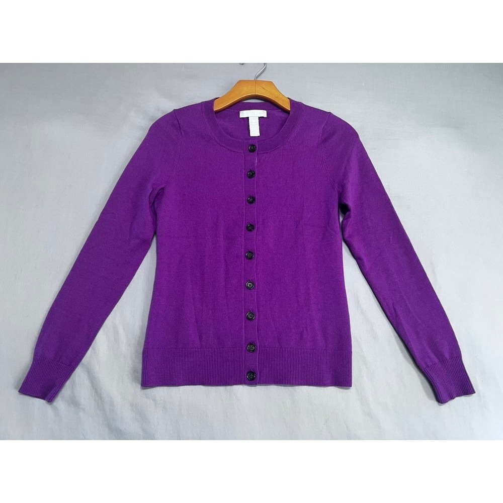 Banana Republic Extra Fine Merino Wool Cardigan Sweater Purple XS TP Crew Neck